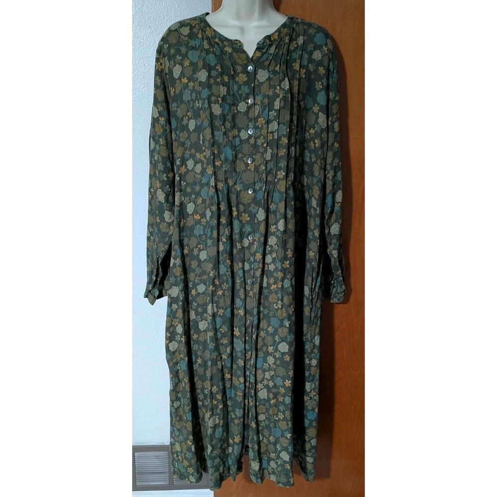 Gudrun Sjoden Midi Dress Hemp Green Cottage Prairie Pleated Button Front XL